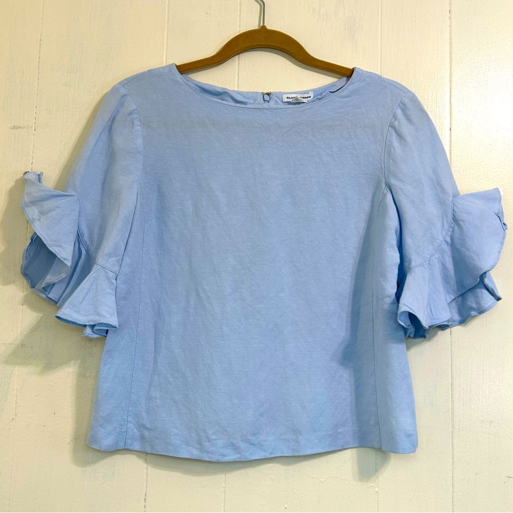 CLUB MONACO Petites Baby Blue Linen Layered Sleeves Boat Neckline Top Size Small